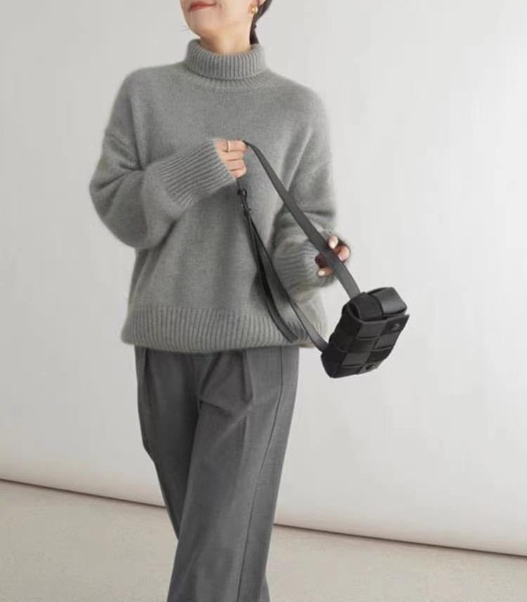 Strickpullover im Lazy-Style mit hohem Kragen für Damen weiche einfarbige Farbe lockere Innenbekleidung