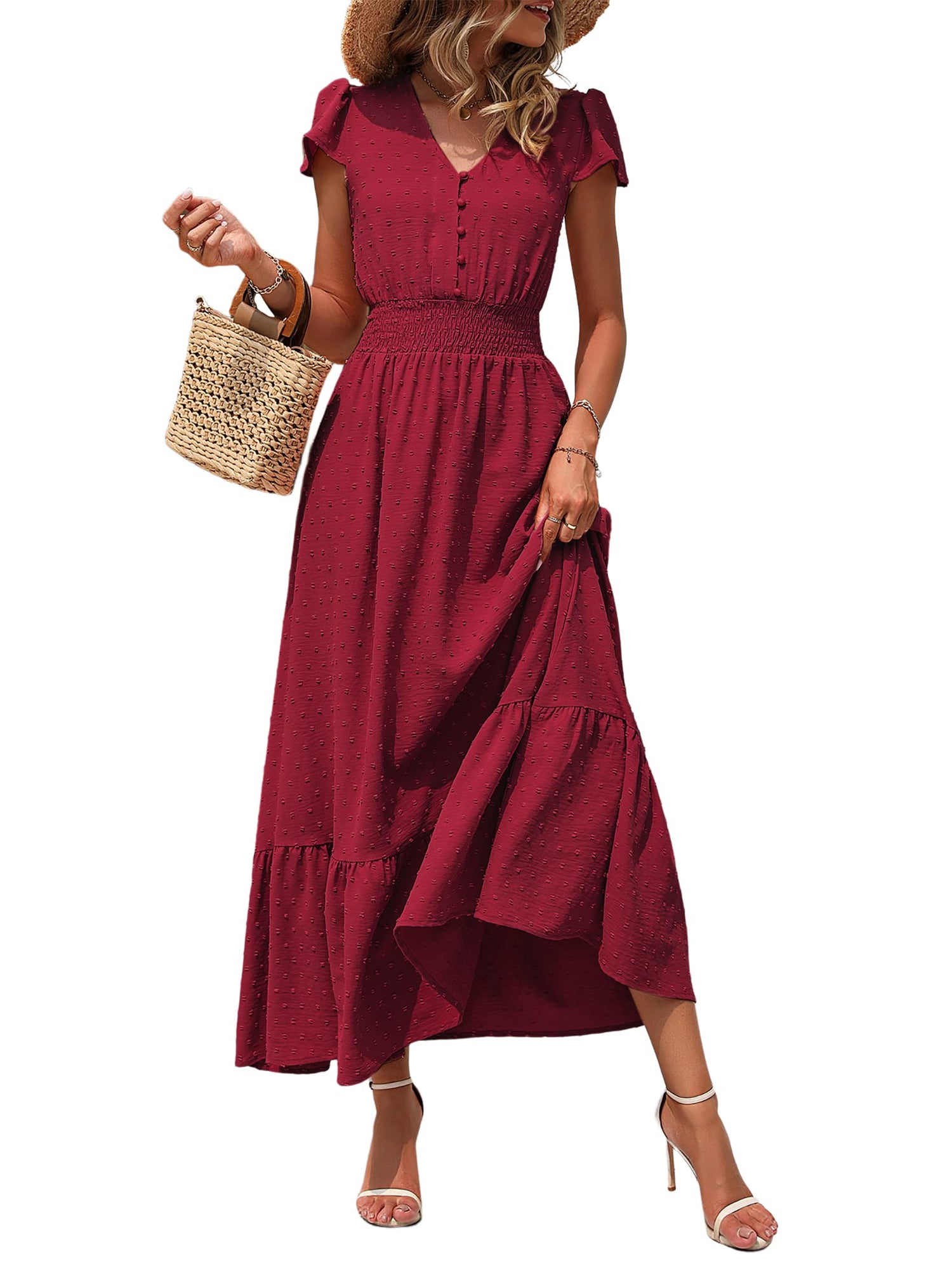 PRETTYGARDEN Women Casual Boho Summer Maxi Dresses 2025 Short Sleeve V Neck Swiss Dot Ruffle Smocked Flowy Wedding Long Dress