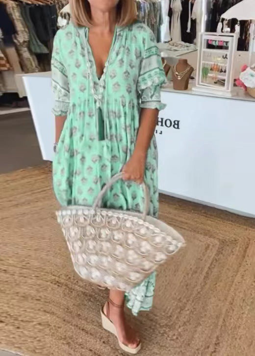 Bohemian V-Ausschnitt bedruckter Laternenärmel hoher Taille ausgestellter Rock