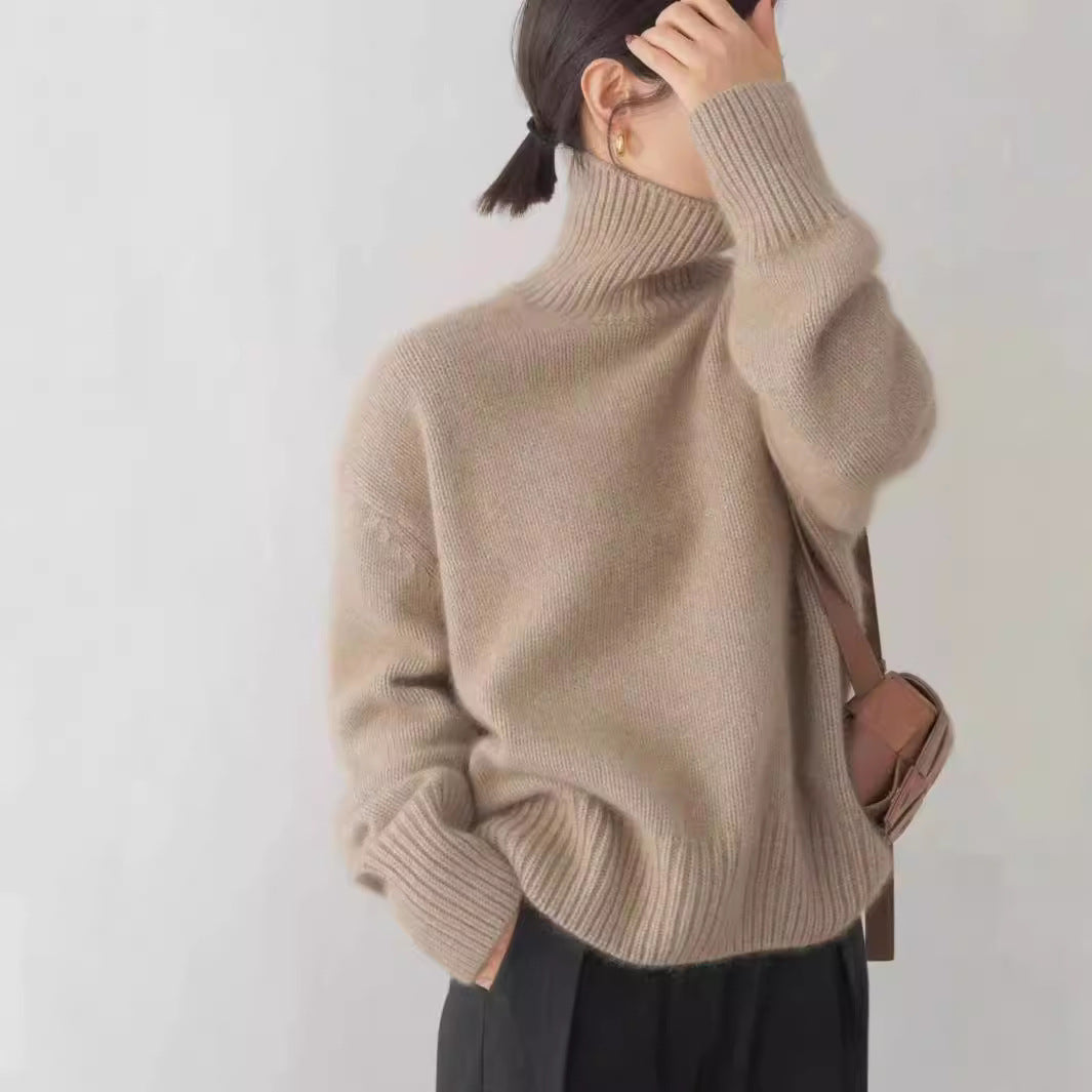 Strickpullover im Lazy-Style mit hohem Kragen für Damen weiche einfarbige Farbe lockere Innenbekleidung