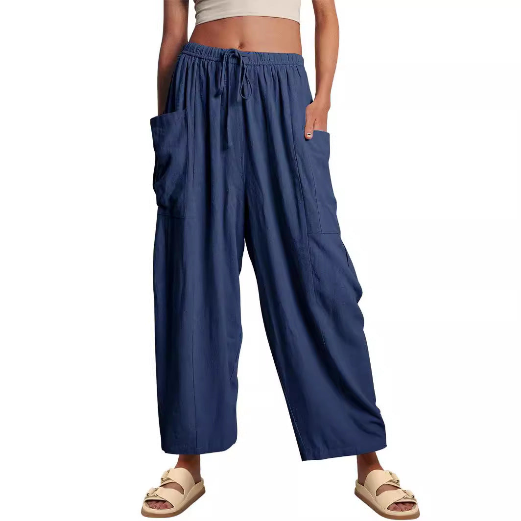 Damenhose mit elastischem Bund hoher Taille lockerer Passform und weitem Bein