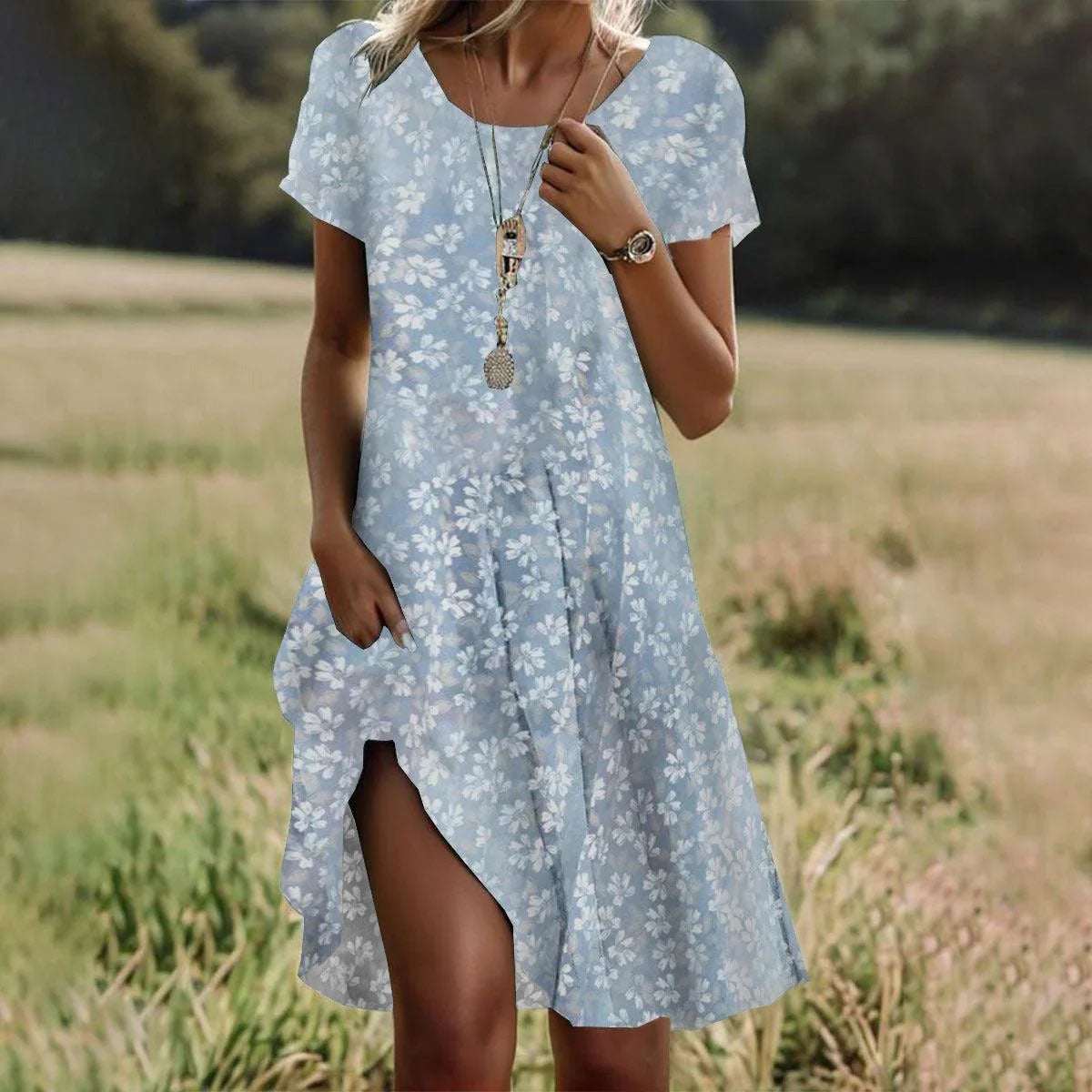 Sommer liches hohles langes Kleid im literarischen Folk-Stil