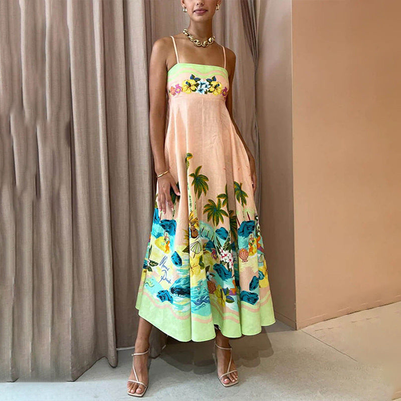 Böhmischer Stil Elegantes Freizeitkleid mit hoher Taille und bedrucktem Hosenträger