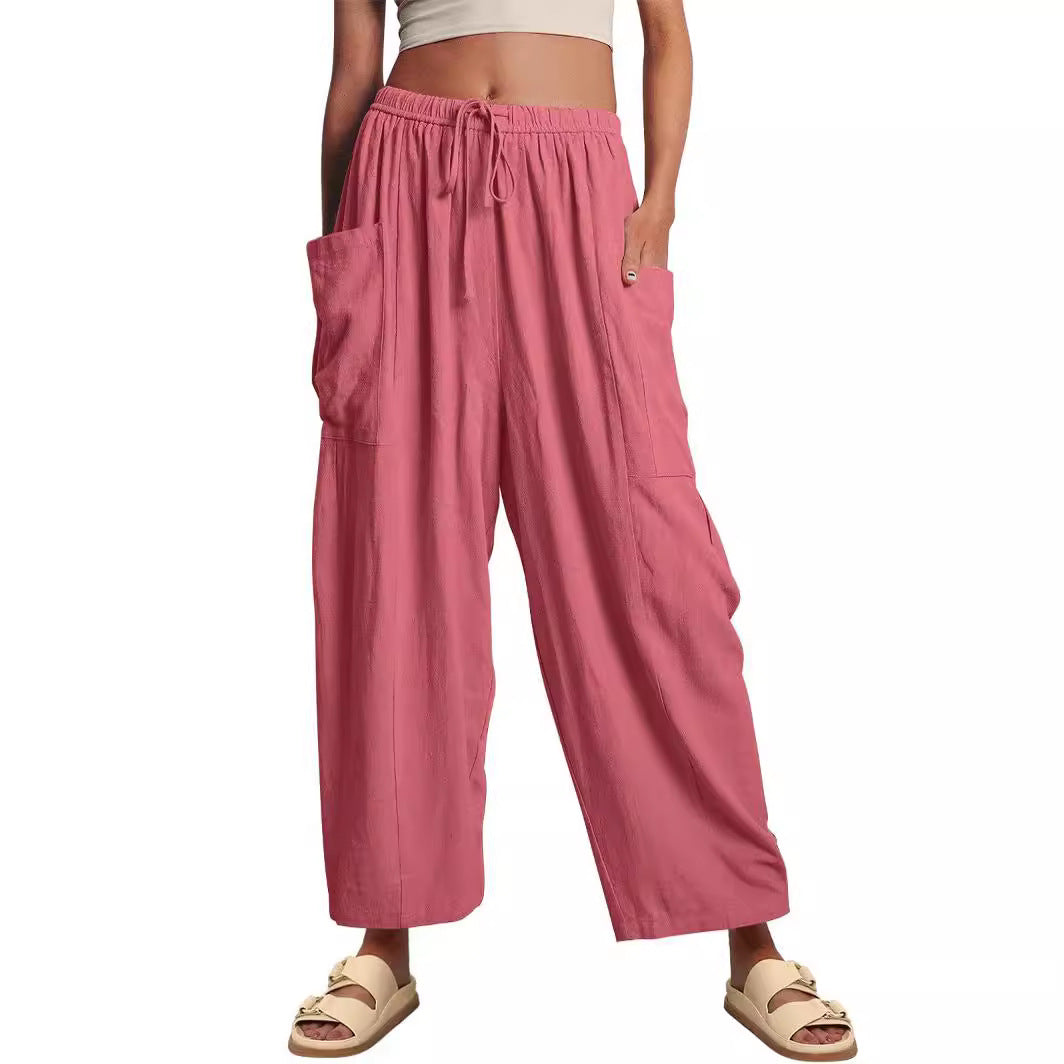 Damenhose mit elastischem Bund hoher Taille lockerer Passform und weitem Bein
