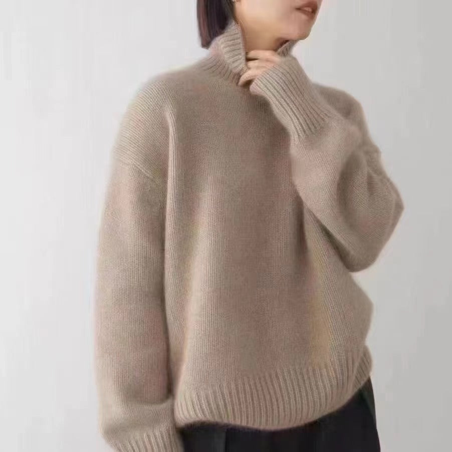 Strickpullover im Lazy-Style mit hohem Kragen für Damen weiche einfarbige Farbe lockere Innenbekleidung
