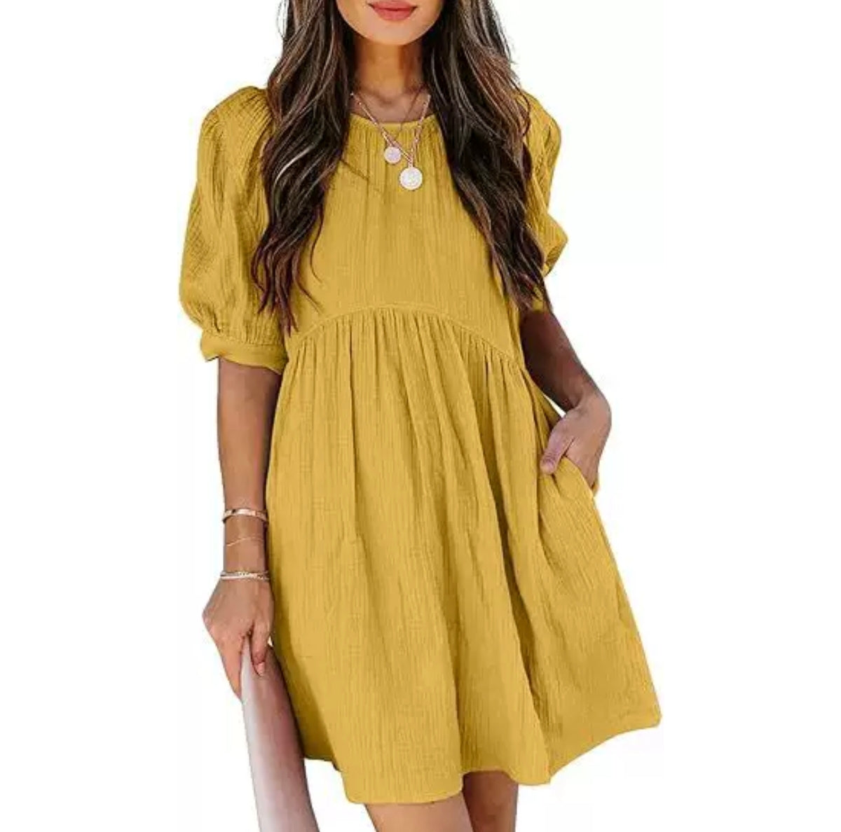 Elegantes Kleid mit Rundhalsausschnitt Puffärmeln und hoher Taille