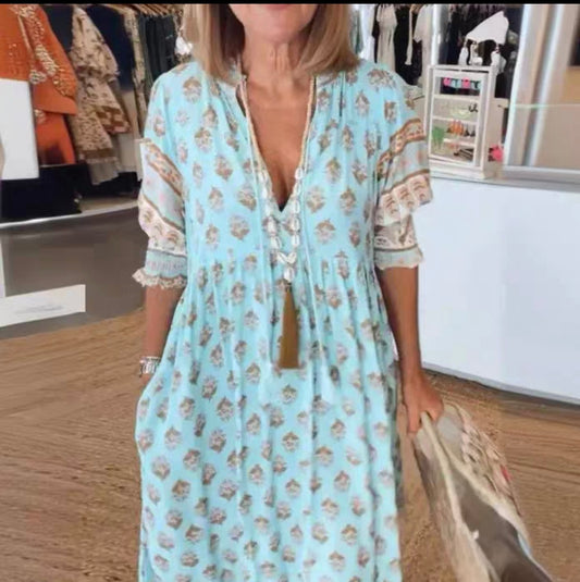 Bohemian V-Ausschnitt bedruckter Laternenärmel hoher Taille ausgestellter Rock