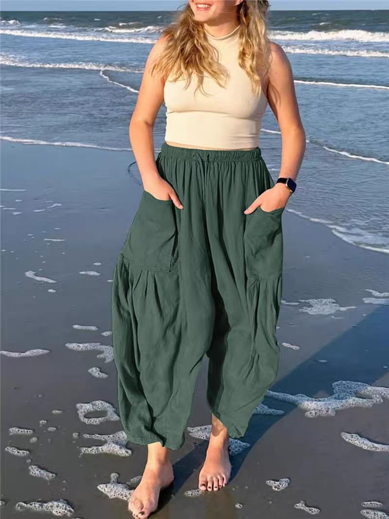 Damenhose mit elastischem Bund hoher Taille lockerer Passform und weitem Bein