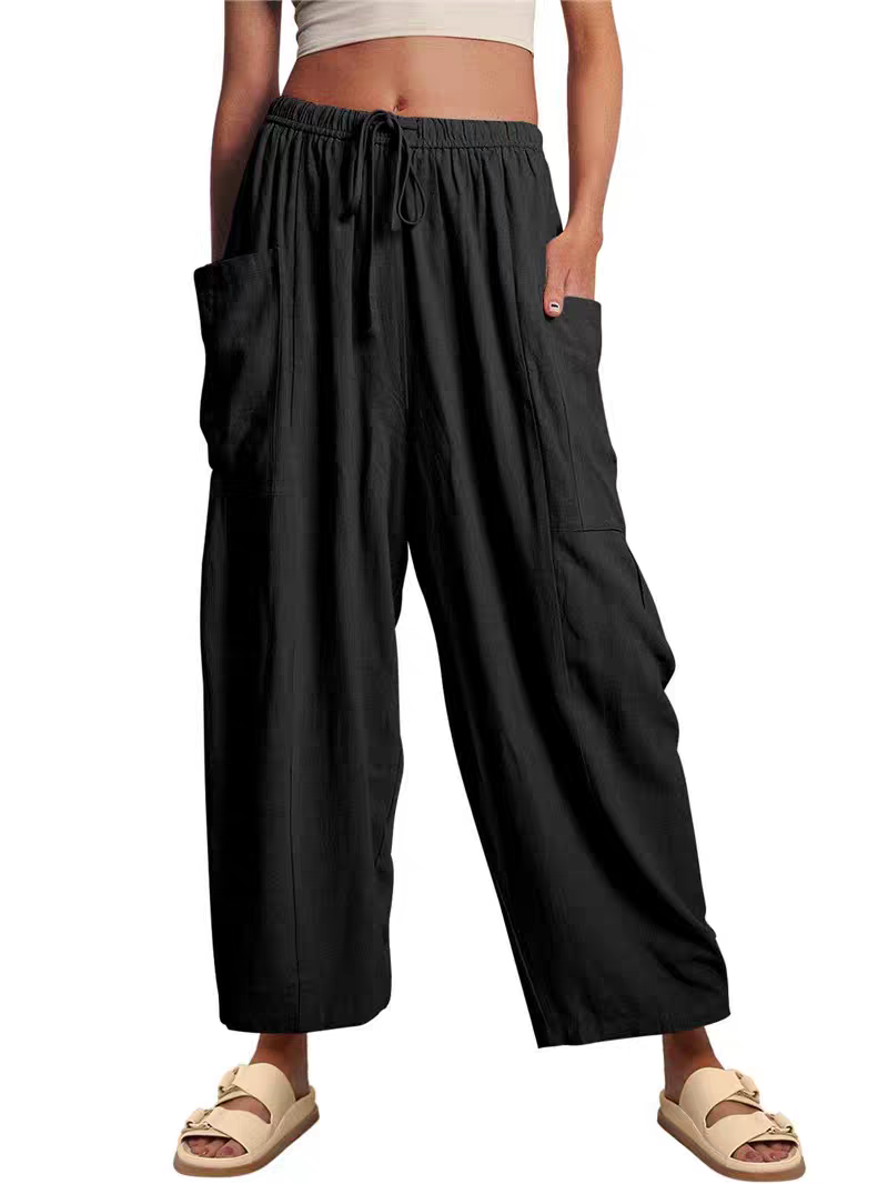 Damenhose mit elastischem Bund hoher Taille lockerer Passform und weitem Bein