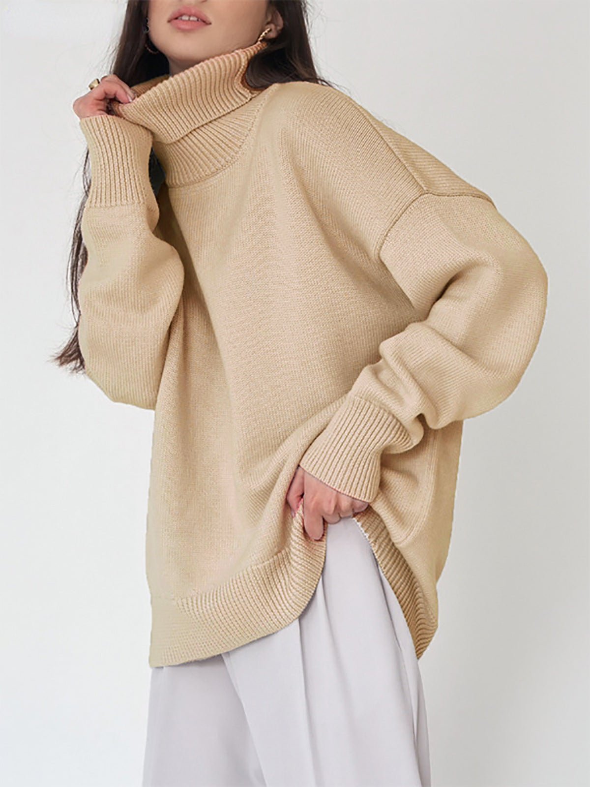 Einfarbiger Rollkragenpullover aus Kaschmir für Herbst und Winter locker gestrickt