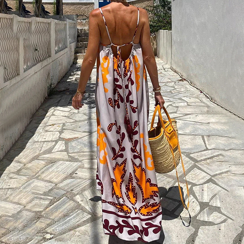 Böhmischer Stil Elegantes Freizeitkleid mit hoher Taille und bedrucktem Hosenträger