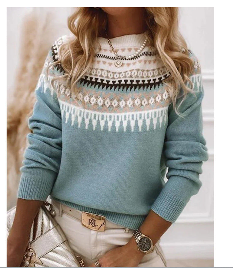 Mehrfarbiger lockerer Strickpullover mit Rundhalsausschnitt