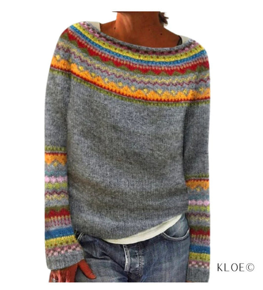 Mehrfarbiger lockerer Strickpullover mit Rundhalsausschnitt