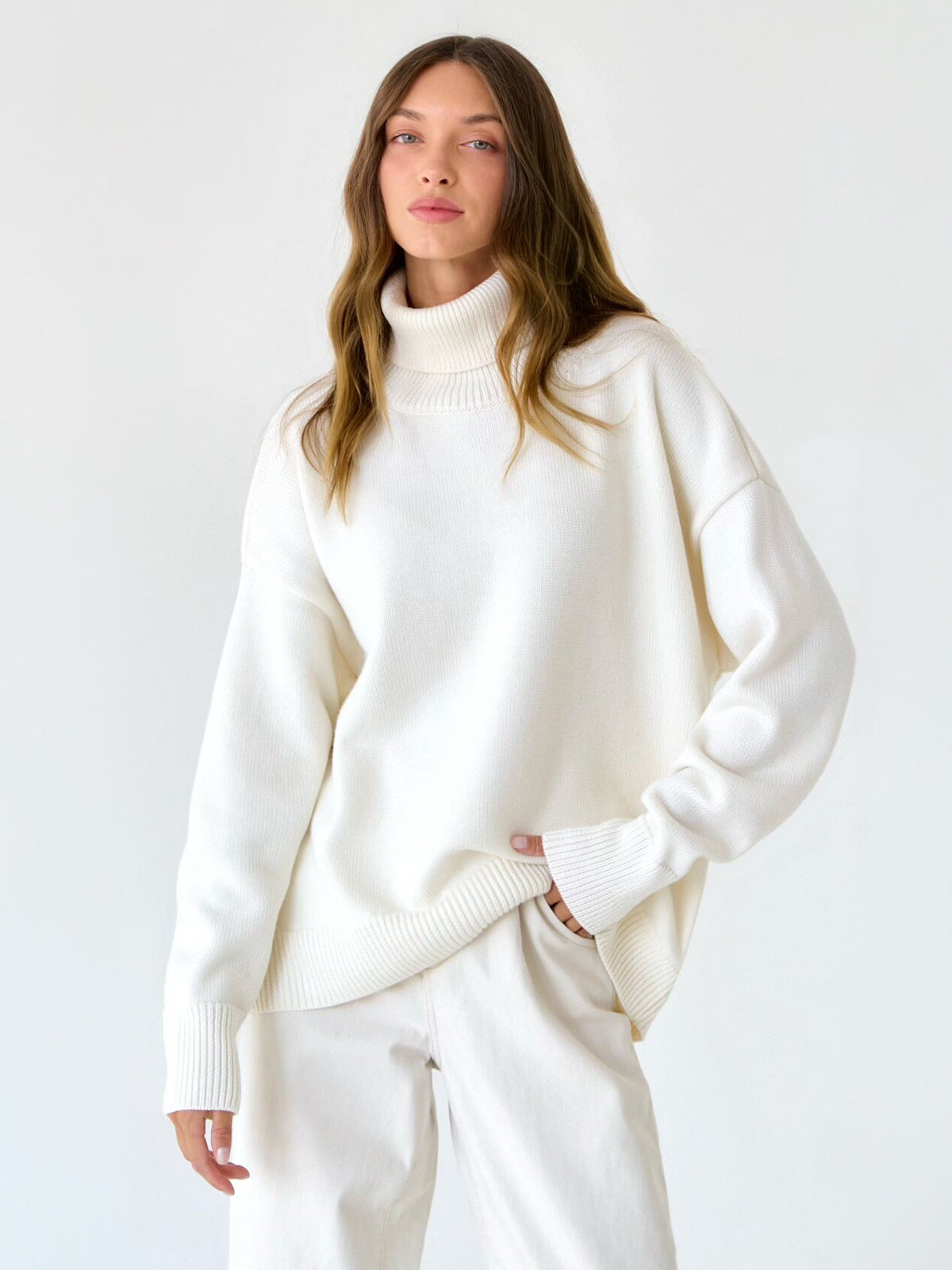 Einfarbiger Rollkragenpullover aus Kaschmir für Herbst und Winter locker gestrickt