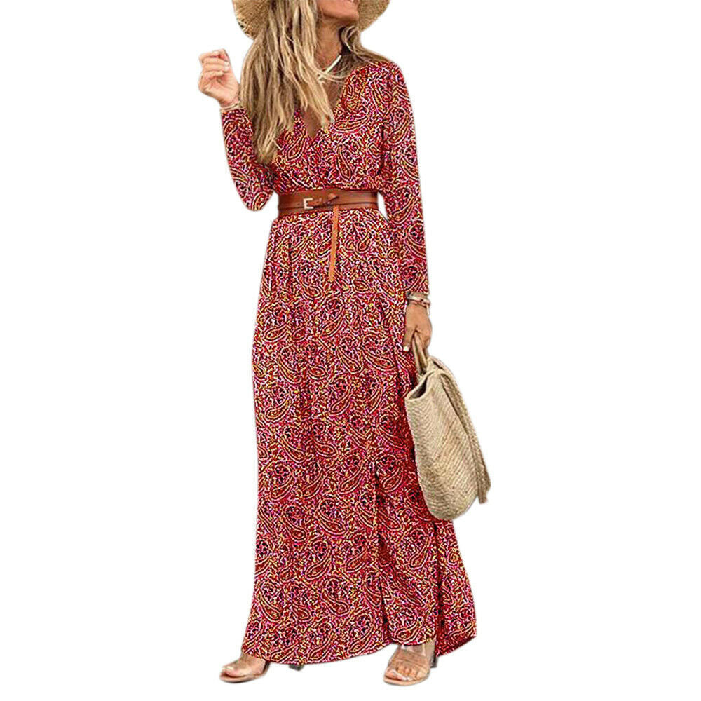 Langärmliges Böhmisches Kleid mit V-Ausschnitt und Blumenmuster