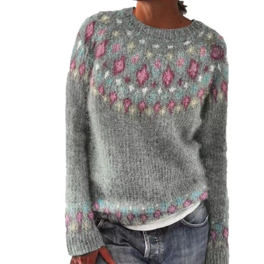 Mehrfarbiger lockerer Strickpullover mit Rundhalsausschnitt