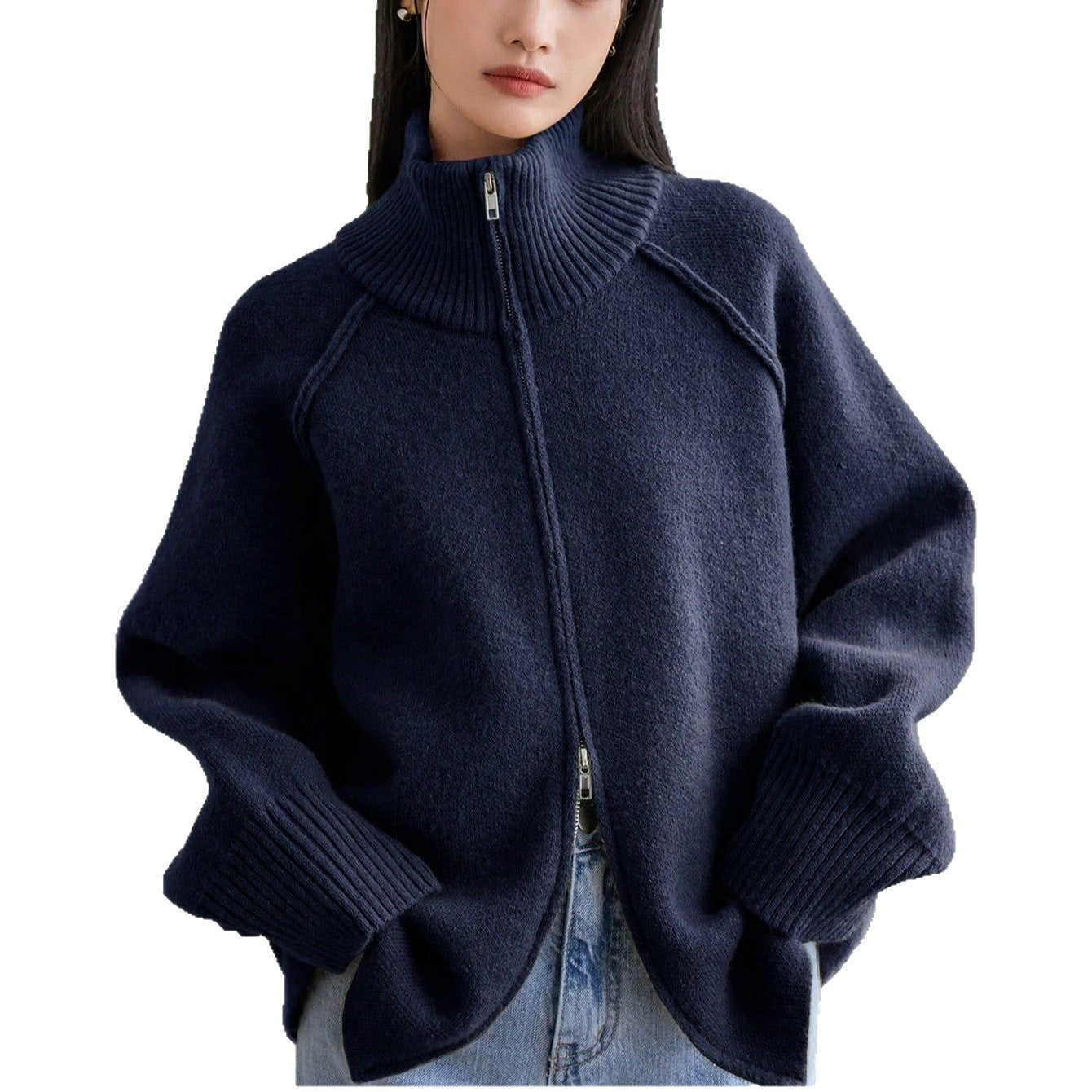 Einfarbige Strickjacke mit Stehkragen und Reißverschluss