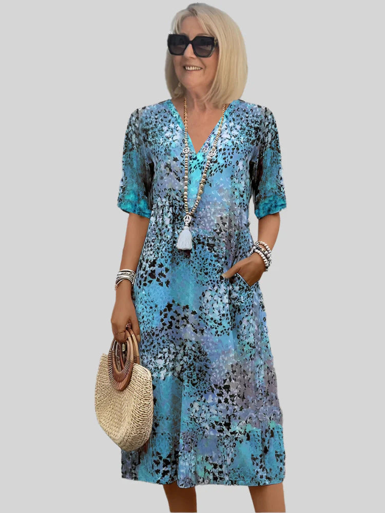 Kleid mit V-Ausschnitt und Retro-Print