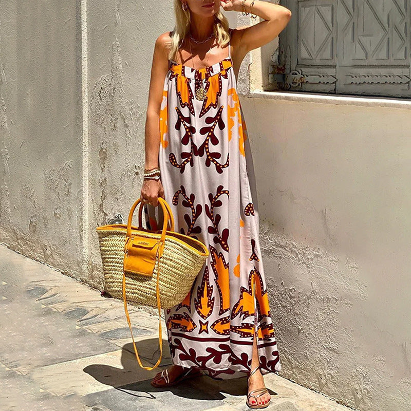 Böhmischer Stil Elegantes Freizeitkleid mit hoher Taille und bedrucktem Hosenträger