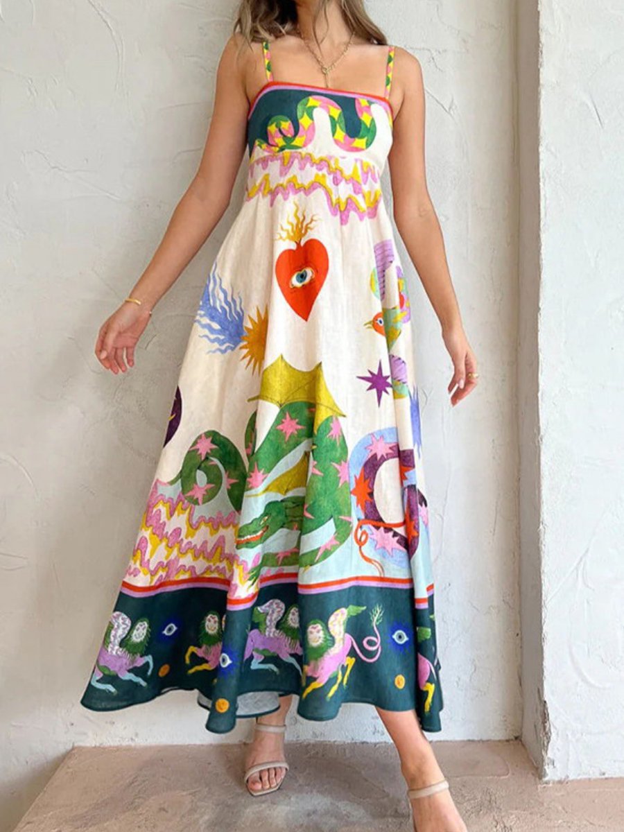 Böhmischer Stil Elegantes Freizeitkleid mit hoher Taille und bedrucktem Hosenträger