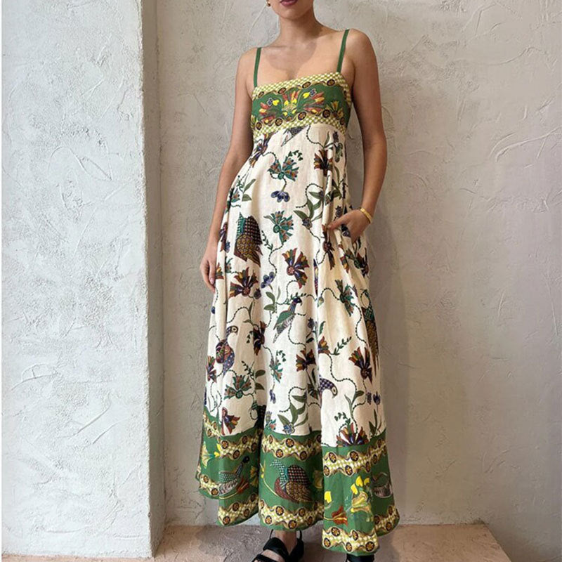Böhmischer Stil Elegantes Freizeitkleid mit hoher Taille und bedrucktem Hosenträger