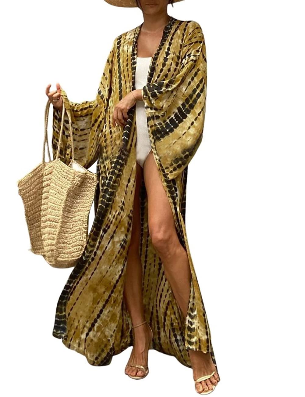 Bsubseach Stylish Tie Dye Open Front Long Kimono Swimsuit Cover Up for Women Swimwear Cover Ups