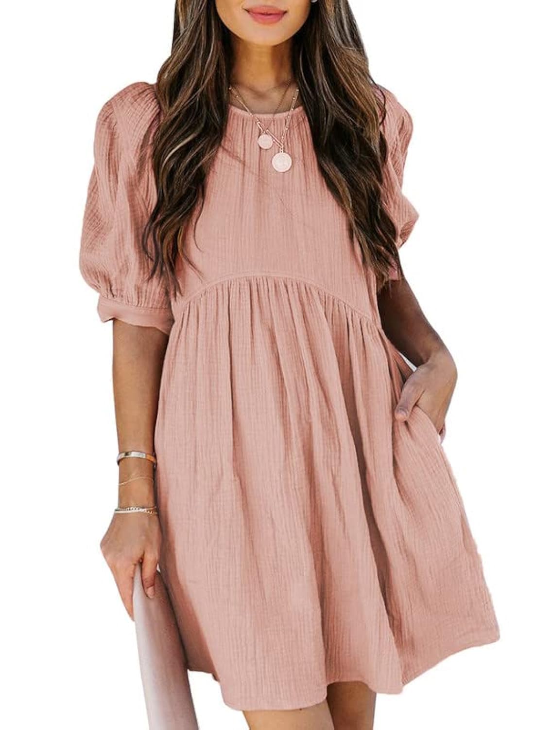 Dokotoo Womens 2025 Spring Summer Crewneck Puff Sleeve Babydoll Elegant Empire Waist Mini Swing Skater Dresses with Pockets