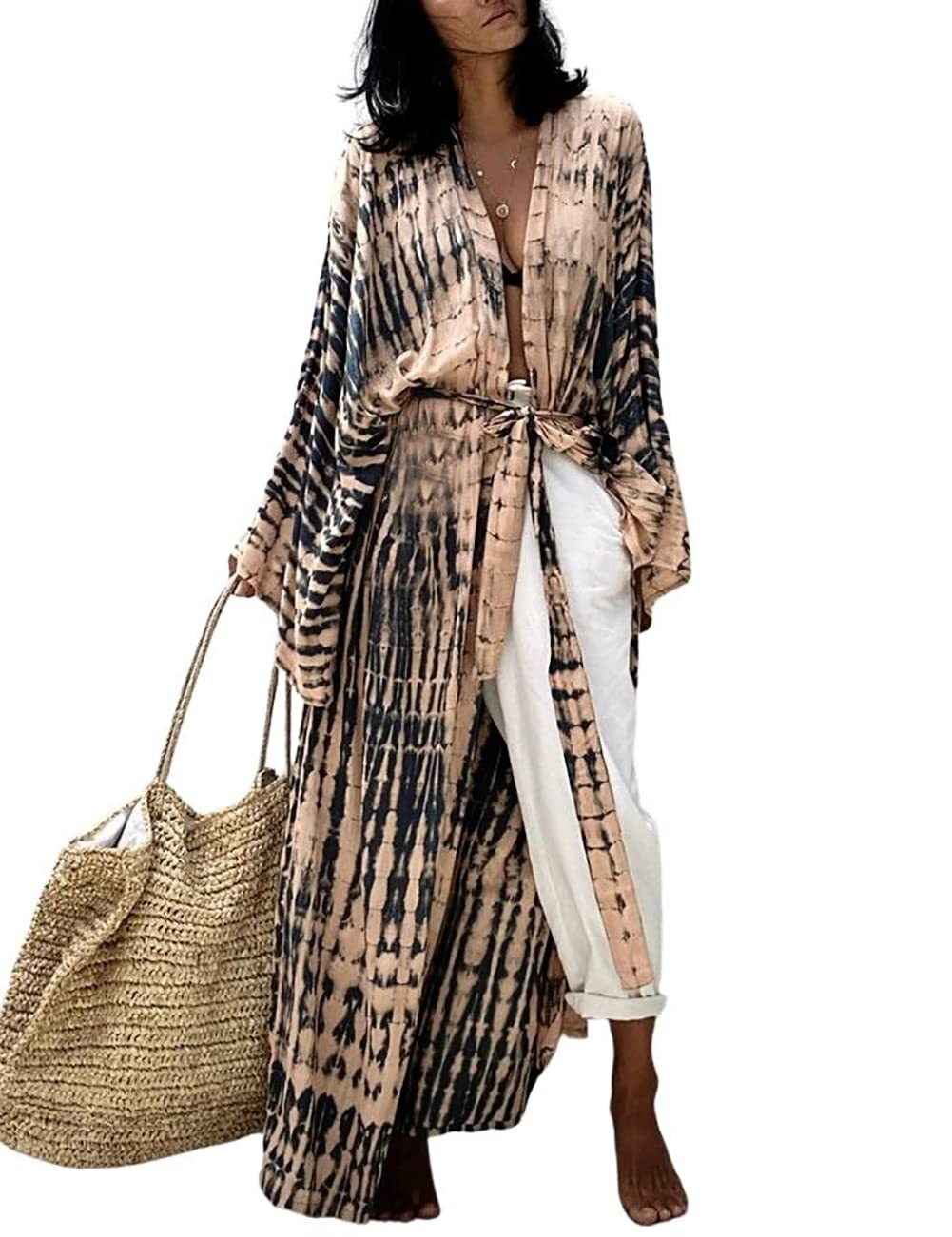 Bsubseach Stylish Tie Dye Open Front Long Kimono Swimsuit Cover Up for Women Swimwear Cover Ups