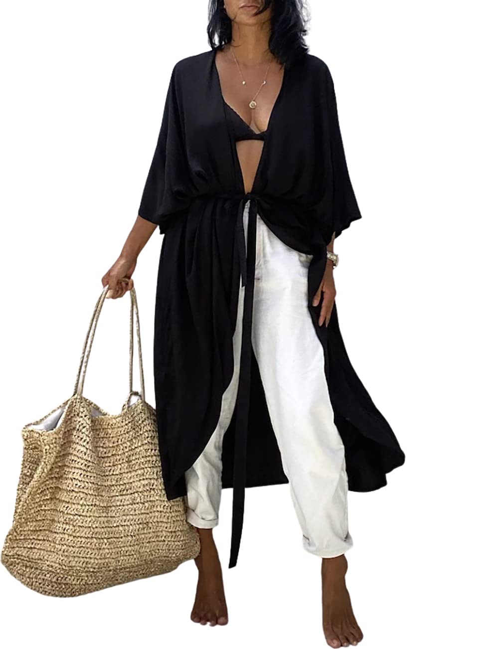 Bsubseach Stylish Tie Dye Open Front Long Kimono Swimsuit Cover Up for Women Swimwear Cover Ups