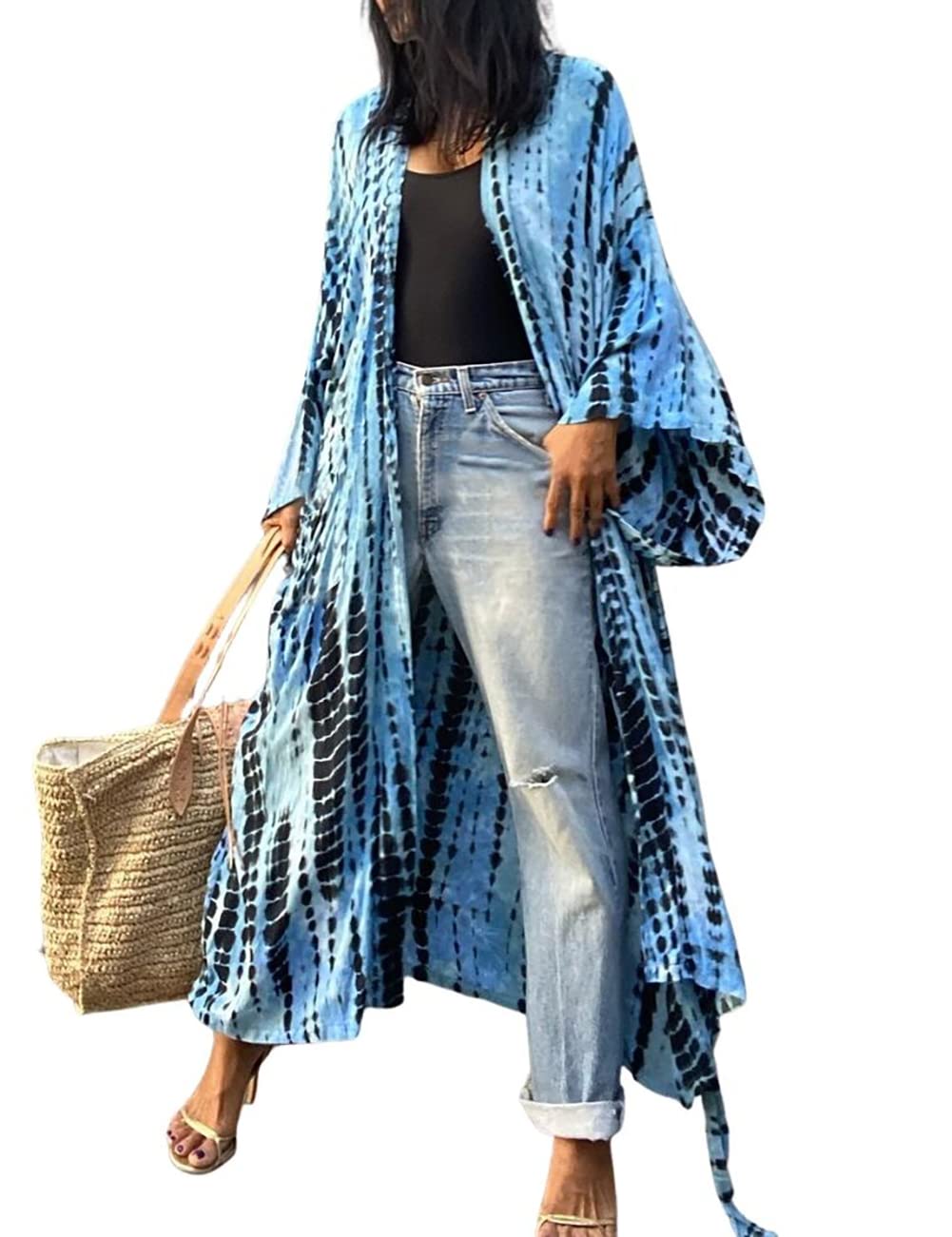 Bsubseach Stylish Tie Dye Open Front Long Kimono Swimsuit Cover Up for Women Swimwear Cover Ups