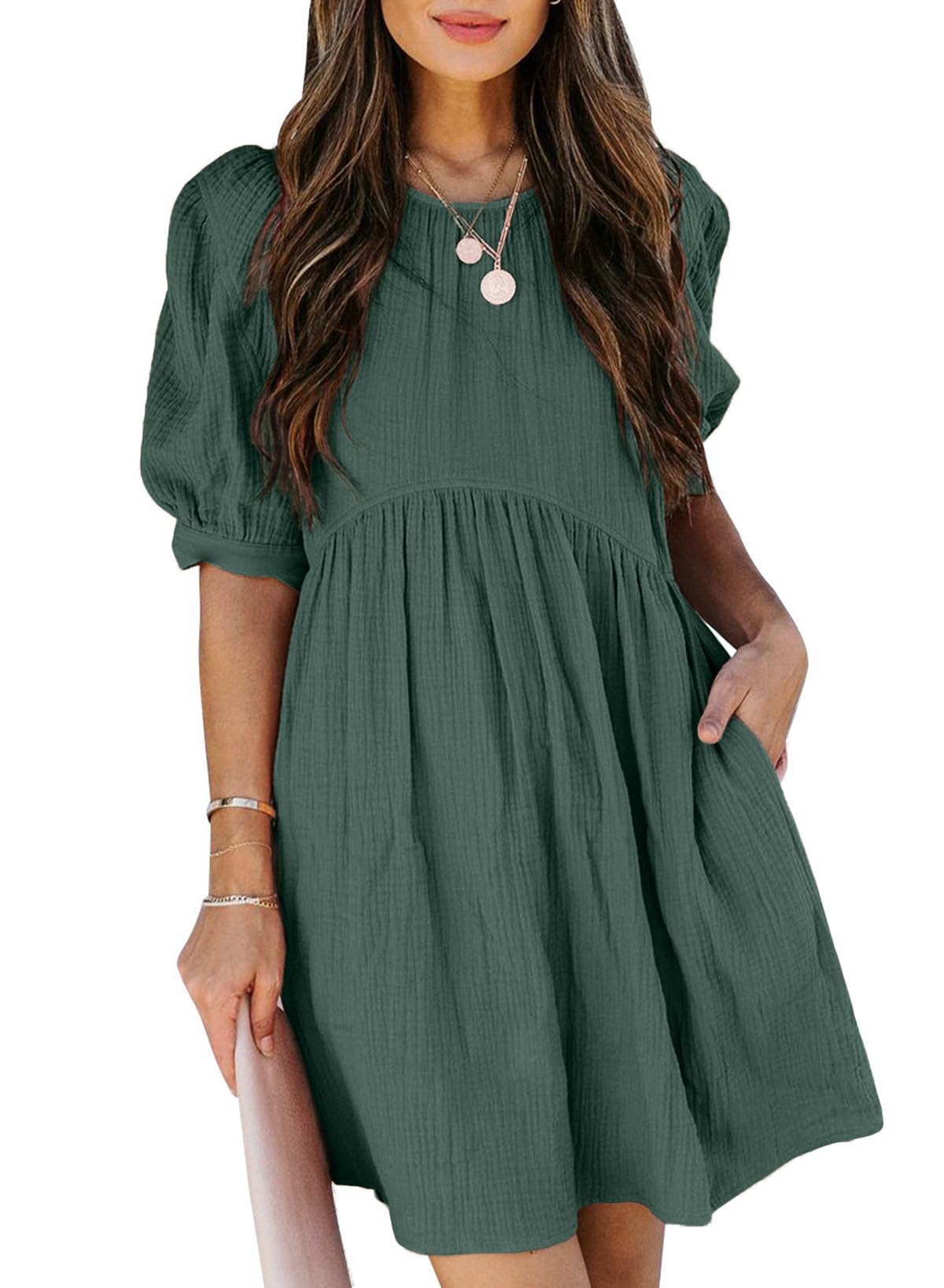 Dokotoo Womens 2025 Spring Summer Crewneck Puff Sleeve Babydoll Elegant Empire Waist Mini Swing Skater Dresses with Pockets