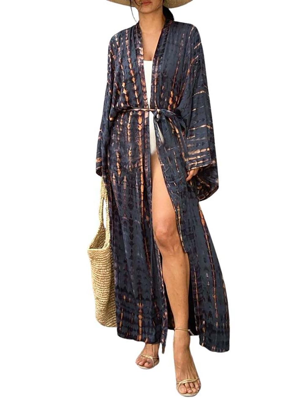 Bsubseach Stylish Tie Dye Open Front Long Kimono Swimsuit Cover Up for Women Swimwear Cover Ups