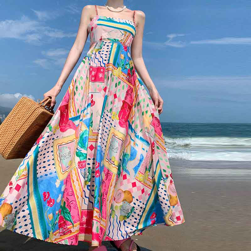 Böhmischer Stil Elegantes Freizeitkleid mit hoher Taille und bedrucktem Hosenträger