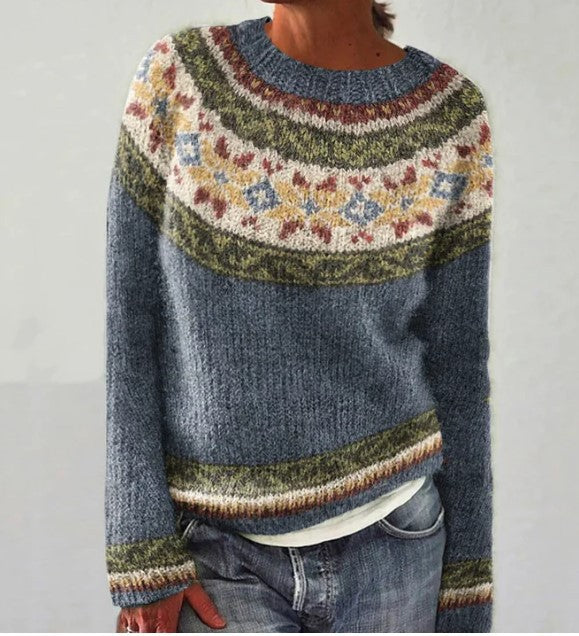 Mehrfarbiger lockerer Strickpullover mit Rundhalsausschnitt
