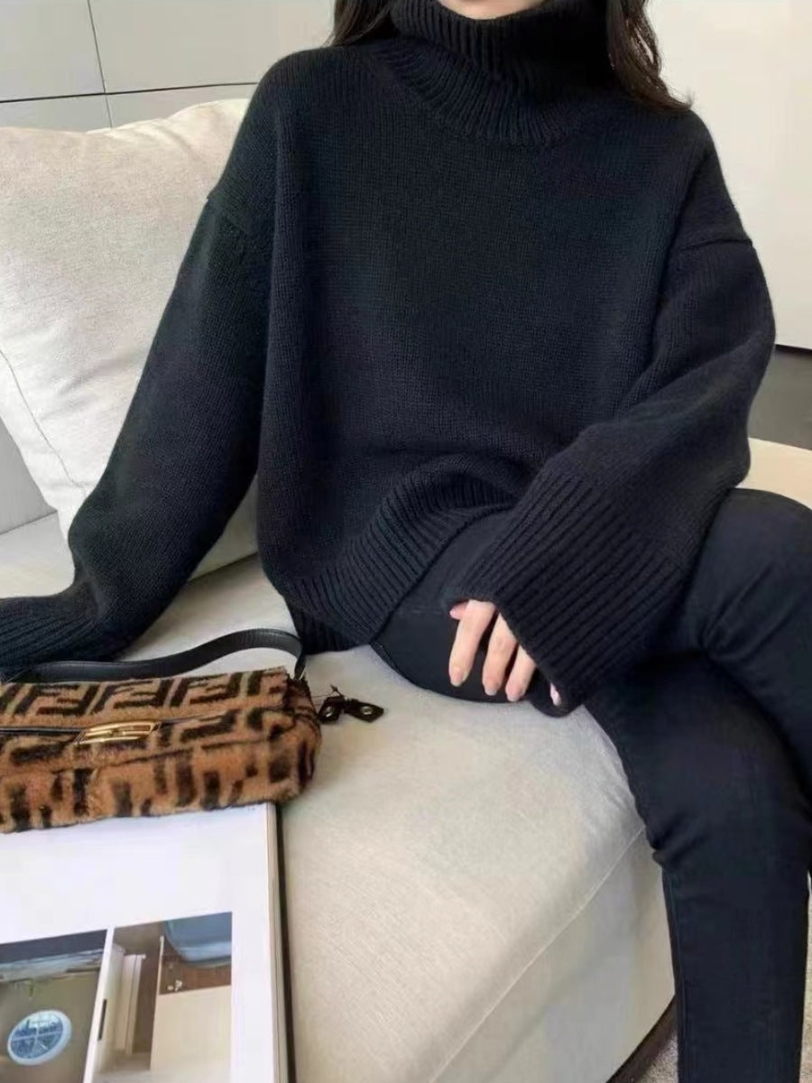 Strickpullover im Lazy-Style mit hohem Kragen für Damen weiche einfarbige Farbe lockere Innenbekleidung