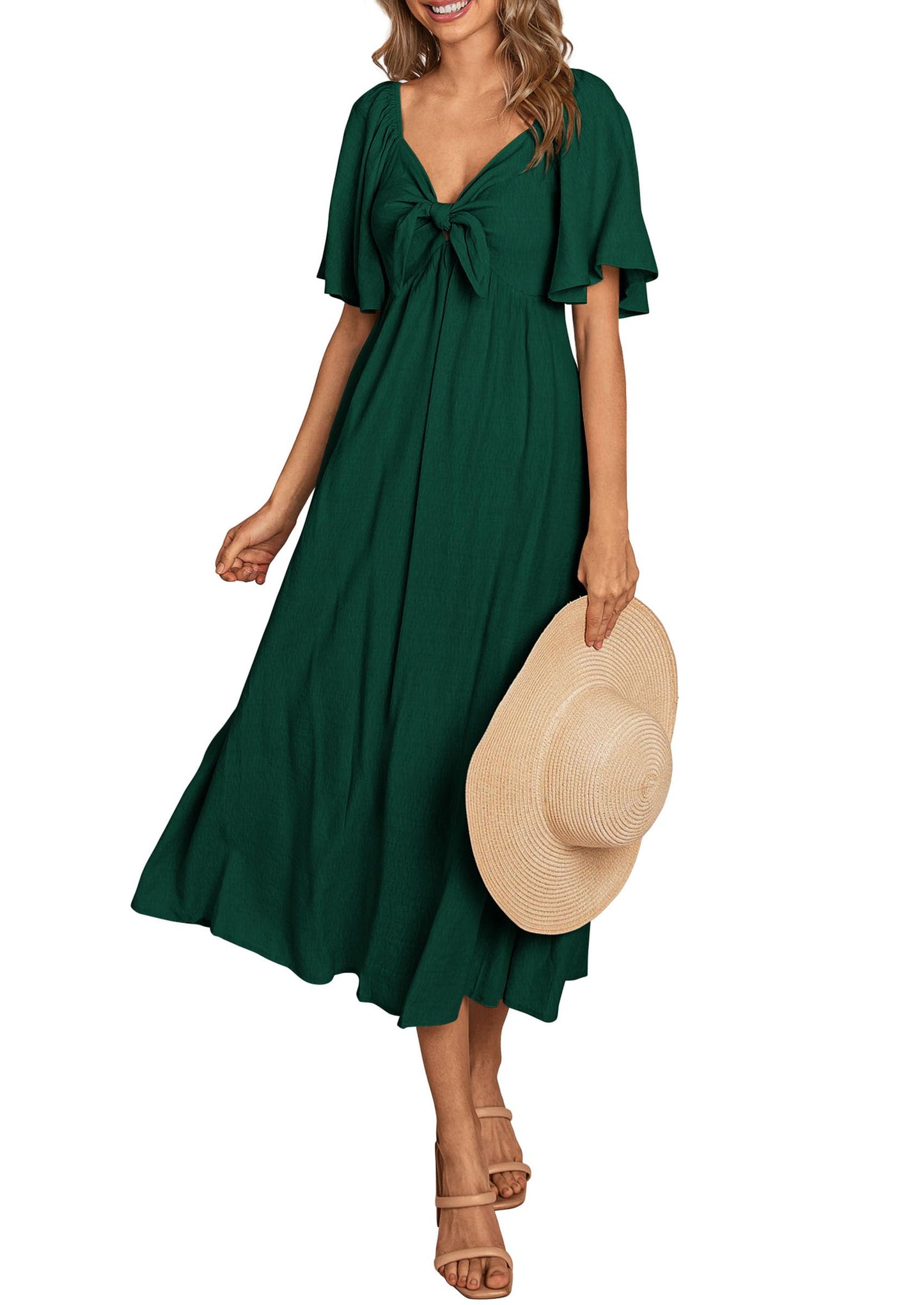 PRETTYGARDEN 2025 Summer Dress for Women Casual Short Sleeve Bow Tie V Neck Ruffle Midi Flowy Dresses