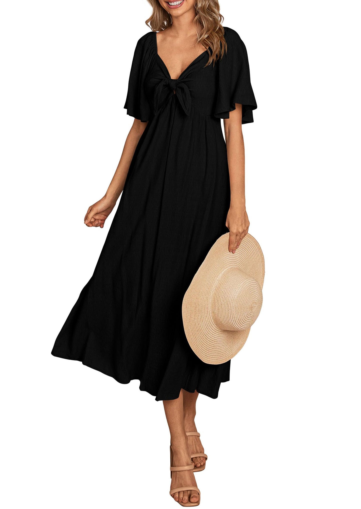 PRETTYGARDEN 2025 Summer Dress for Women Casual Short Sleeve Bow Tie V Neck Ruffle Midi Flowy Dresses