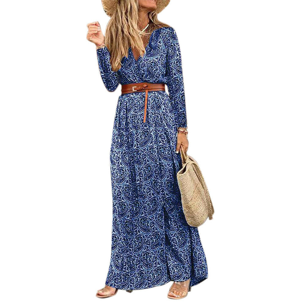 Langärmliges Böhmisches Kleid mit V-Ausschnitt und Blumenmuster