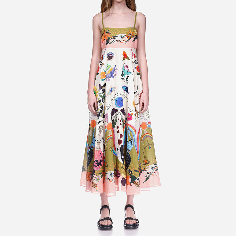 Böhmischer Stil Elegantes Freizeitkleid mit hoher Taille und bedrucktem Hosenträger