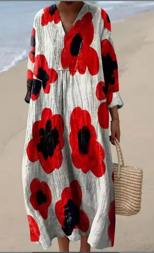 Lässiges Langarmkleid mit Blumenmuster und 3D-Print