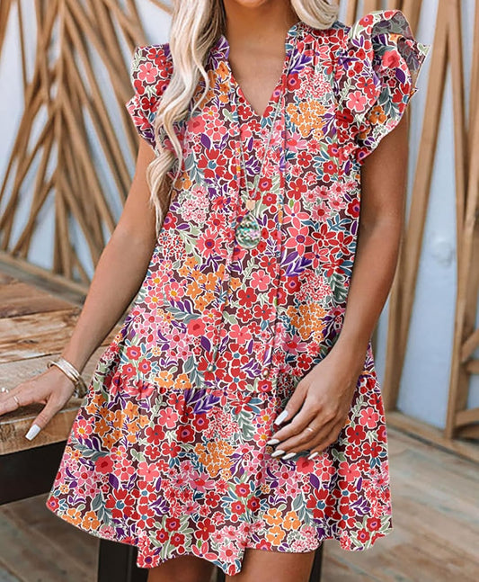 Dokotoo Womens Summer Dresses 2025 V-Neck Drawstring Ruffle Cap Short Sleeve Side Pockets Mini Dress Sundress