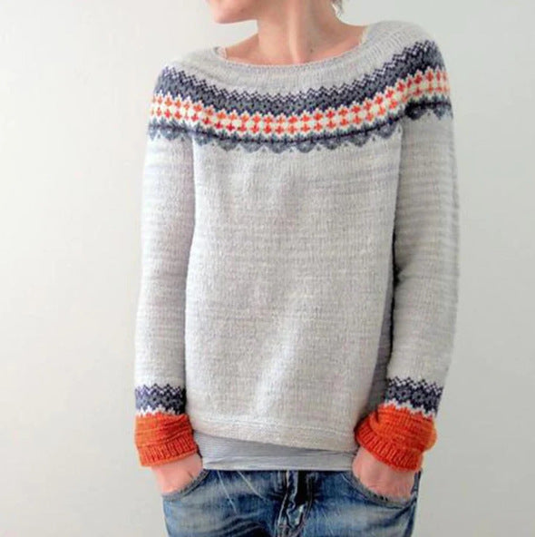 Mehrfarbiger lockerer Strickpullover mit Rundhalsausschnitt