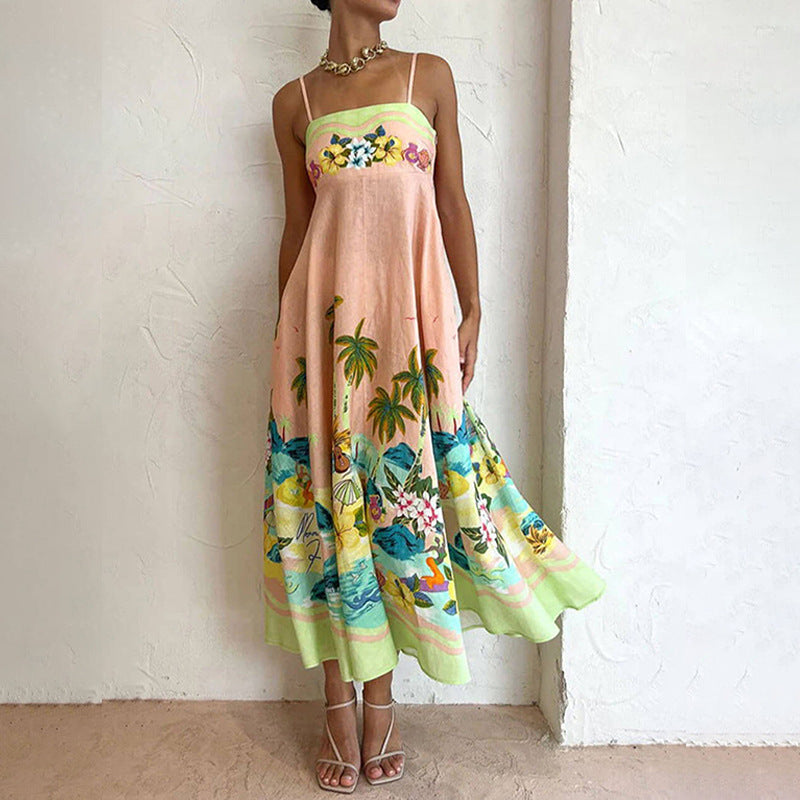 Böhmischer Stil Elegantes Freizeitkleid mit hoher Taille und bedrucktem Hosenträger