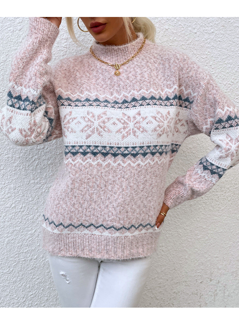 Weihnachtspullover mit halblangem Rollkragen und Schneeflockenmuster für Damen