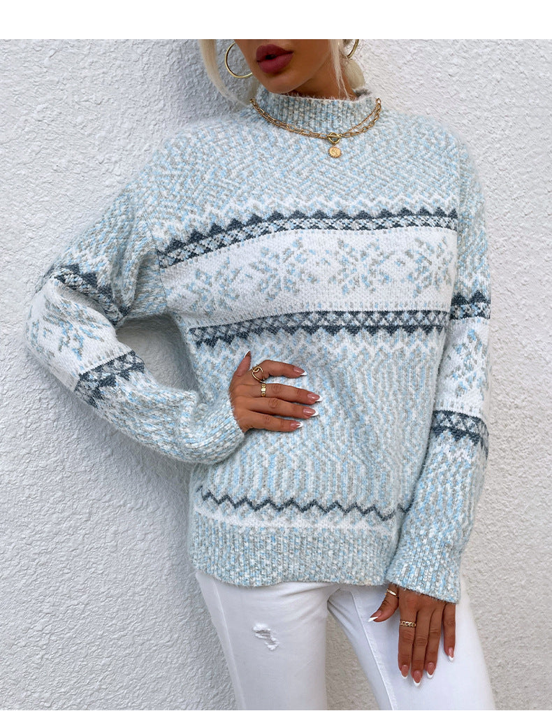 Weihnachtspullover mit halblangem Rollkragen und Schneeflockenmuster für Damen