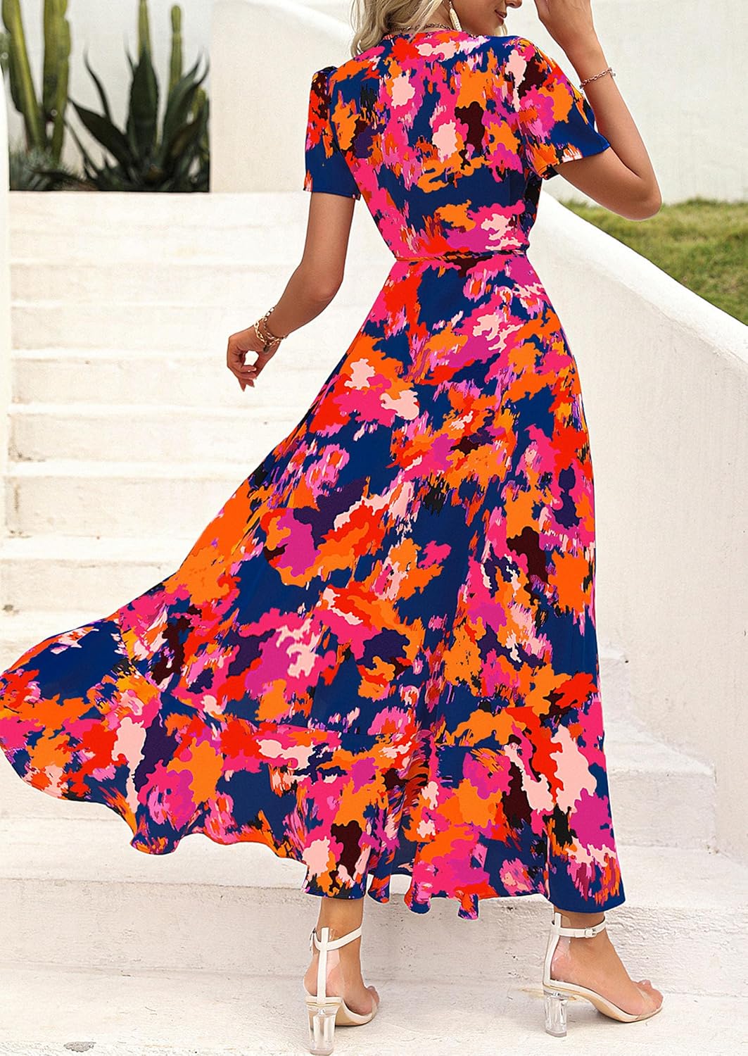 PRETTYGARDEN Women's Summer Maxi Dress Casual Wrap Floral Boho Short Sleeve V Neck Split Ruffle Beach Long Dresses