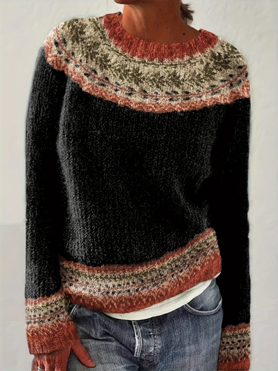 Mehrfarbiger lockerer Strickpullover mit Rundhalsausschnitt