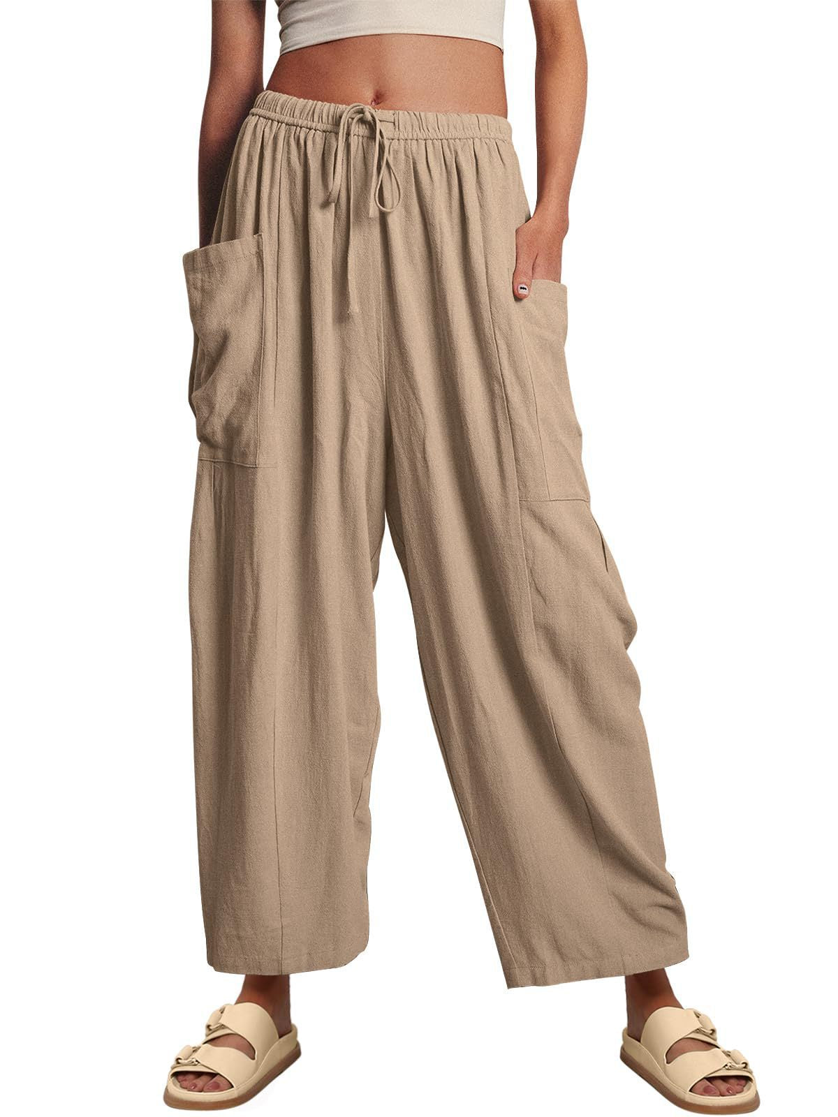 Damenhose mit elastischem Bund hoher Taille lockerer Passform und weitem Bein