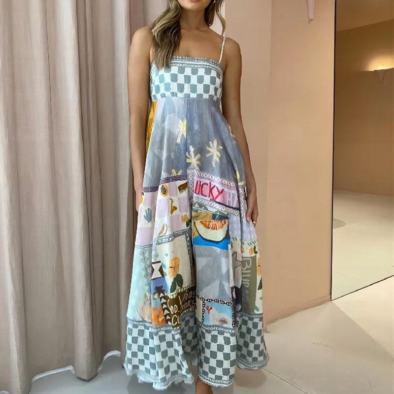 Böhmischer Stil Elegantes Freizeitkleid mit hoher Taille und bedrucktem Hosenträger