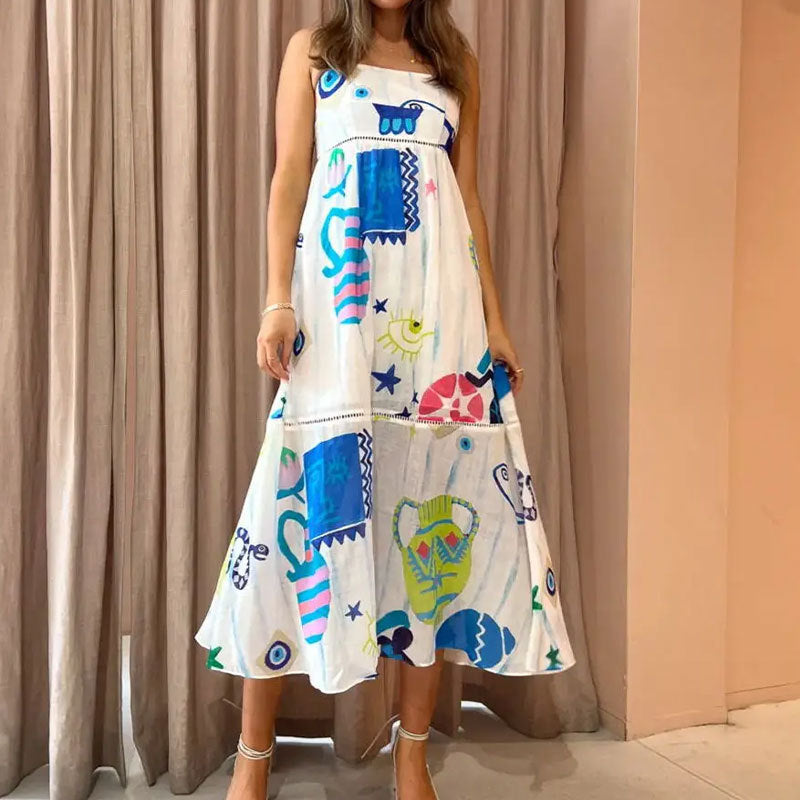 Böhmischer Stil Elegantes Freizeitkleid mit hoher Taille und bedrucktem Hosenträger